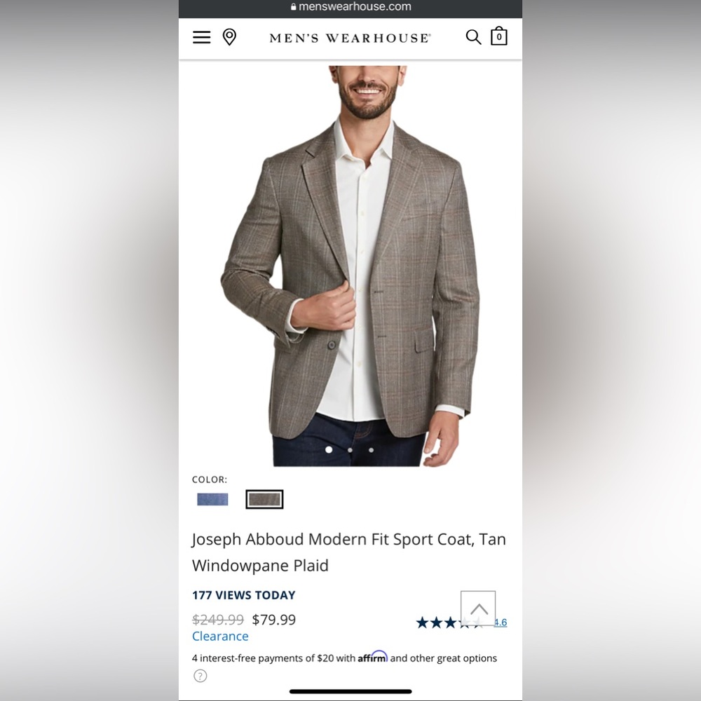 Joseph Abboud Modern Fit Sport Coat, Tan Windowpane Plaid - 52 Long / 52L US